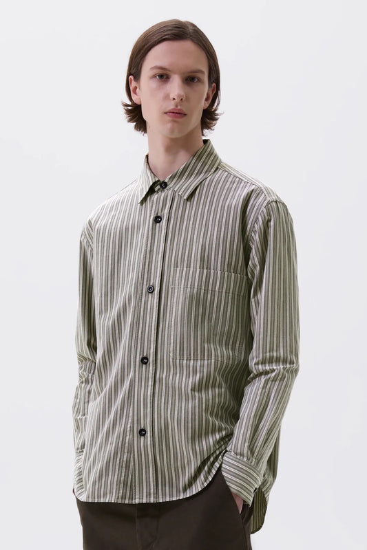 Margaret Howell - MHL. Basic Shirt Two Tone Cotton Stripe (Forest / Grey / Off White)