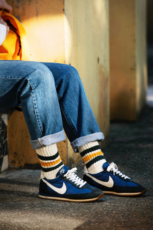 Rototo - Coarse Ribbed Oldschool Crew Socks (Dark Green / Yellow)