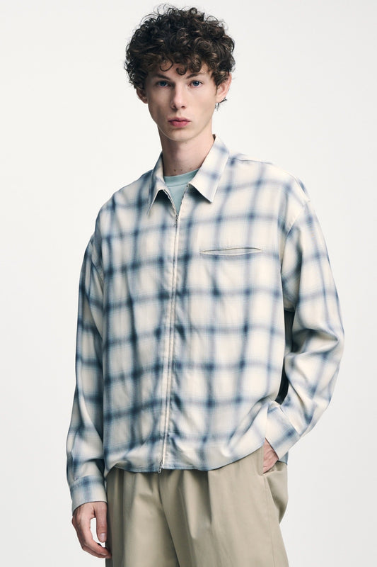 Sophnet Drape Zip-Up Shirt Off White Check | Chemise Rayon Japon | Edgar Bdx