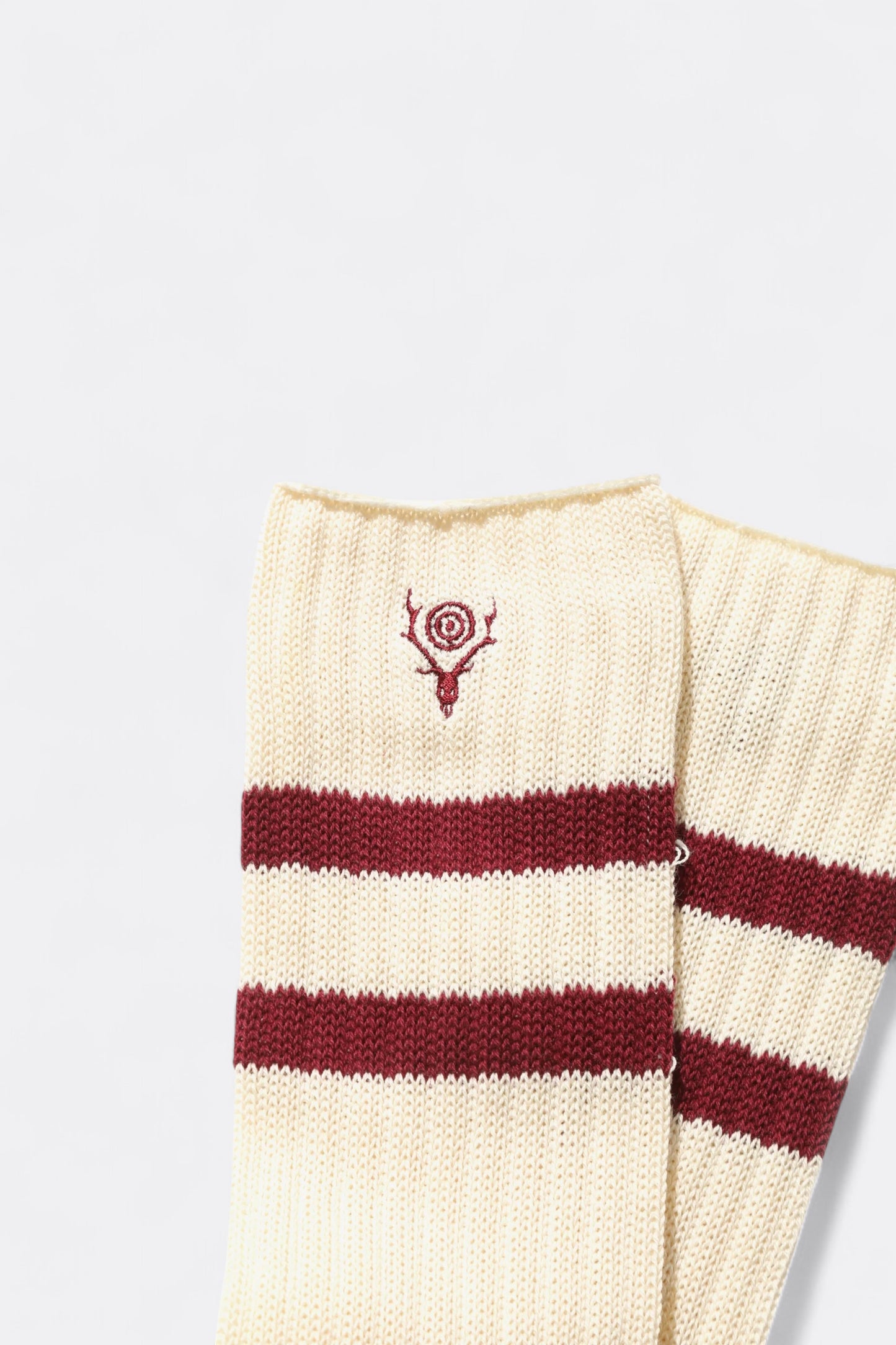 South2 West8 - Ribbed Socks - Line / Skull & Target (Natural / Burgundy)