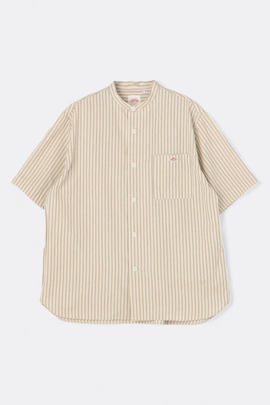 Danton - Cotton Linen Stripe Band Collar Shirt S/S (Beige / White Stripe)