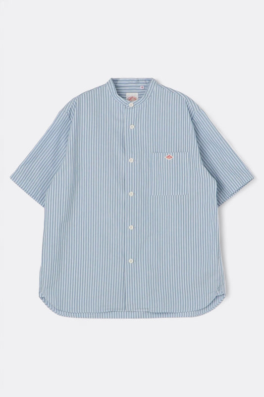 Cotton Linen Stripe Band Collar Shirt S/S (Sax / White Stripe)