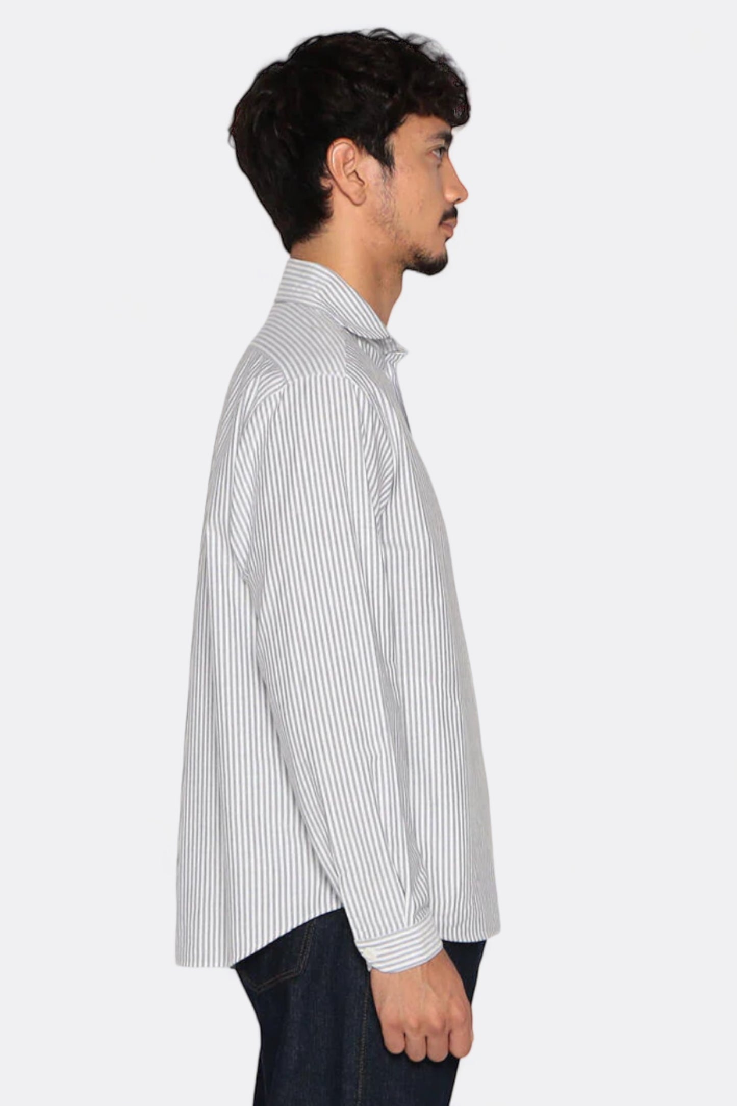 Danton - Oxford Round Collar Pullover Shirt L/S (Navy / White Stripe)