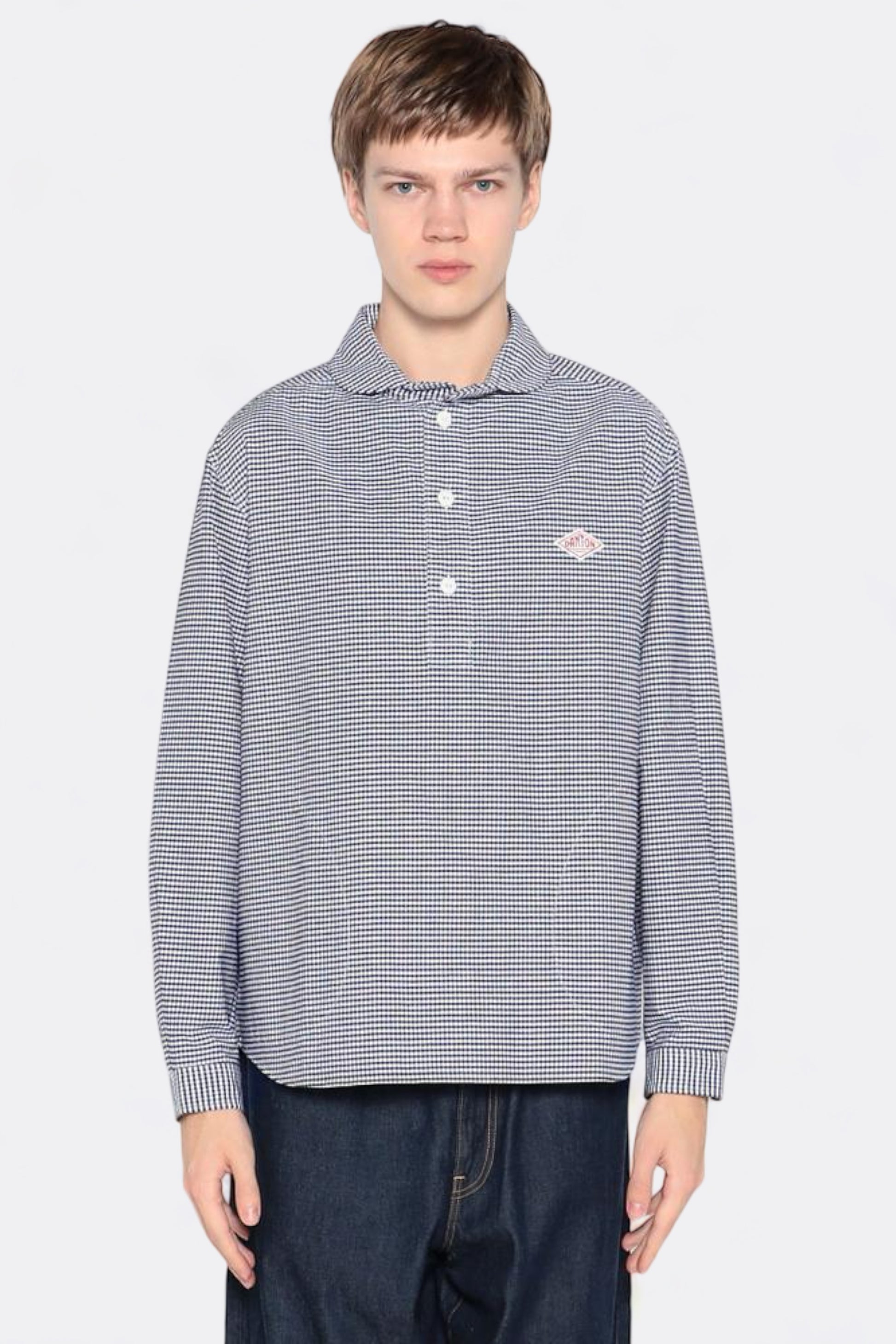 Danton - Oxford Round Collar Pullover Shirt Pattern (Navy Gingham)