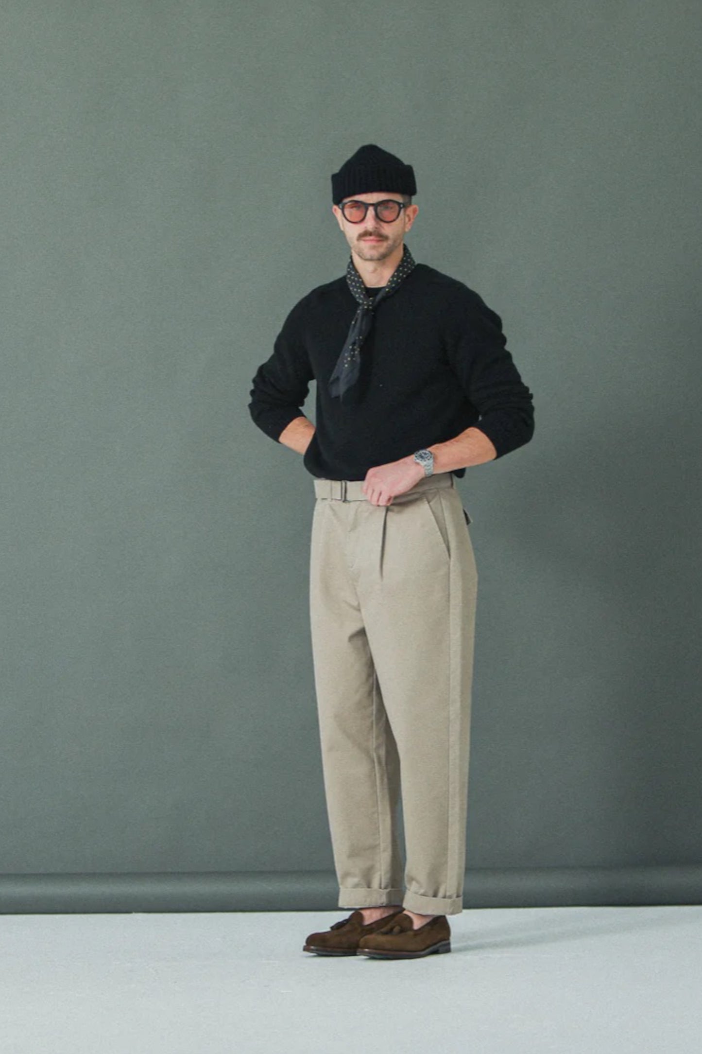 Chino Drapeau Noir Beige - Pantalon Twill Coton Taille Haute