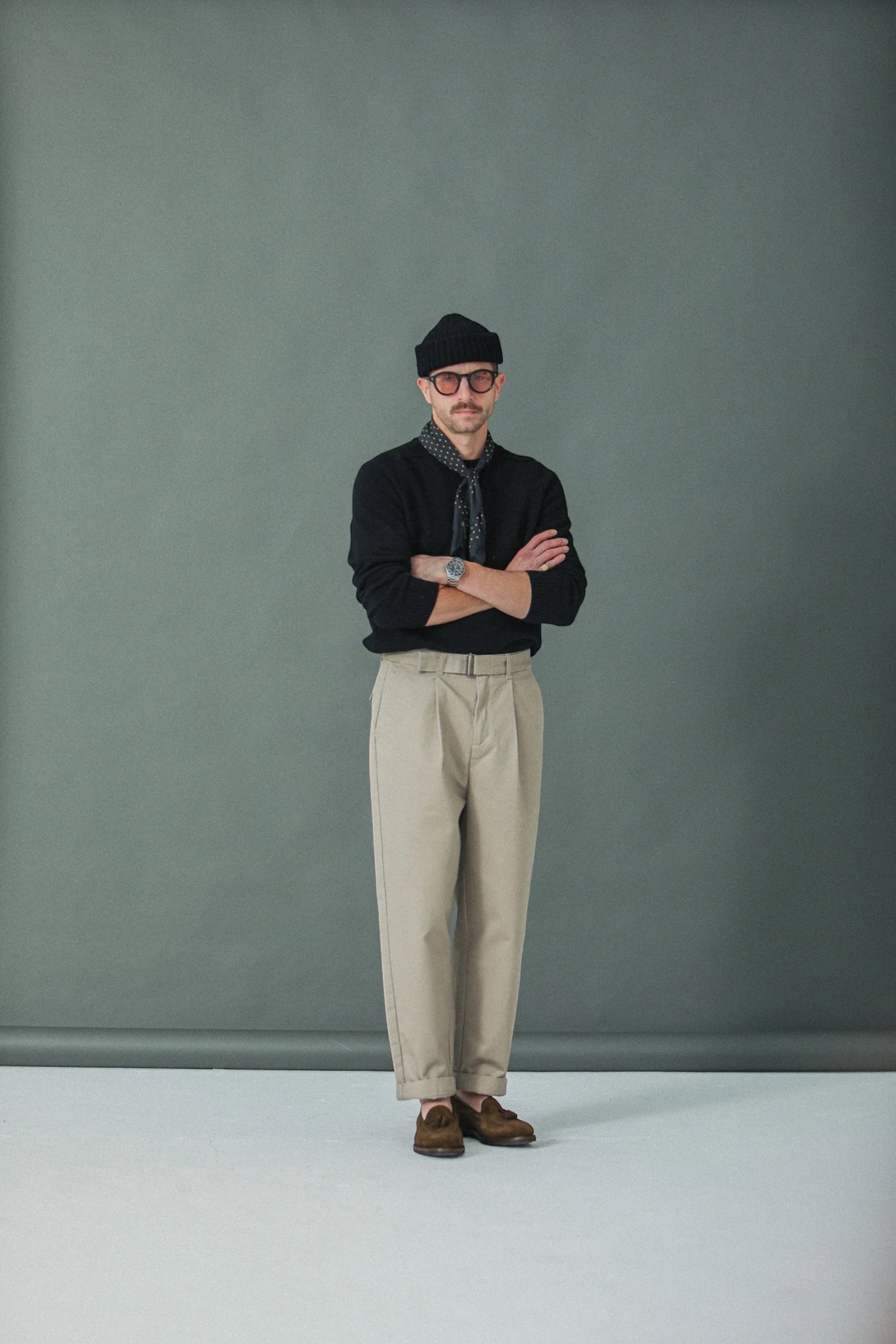 Chino Drapeau Noir Beige - Pantalon Twill Coton Taille Haute