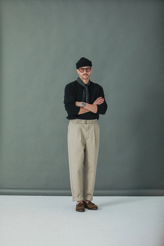 Chino Drapeau Noir Beige - Pantalon Twill Coton Taille Haute
