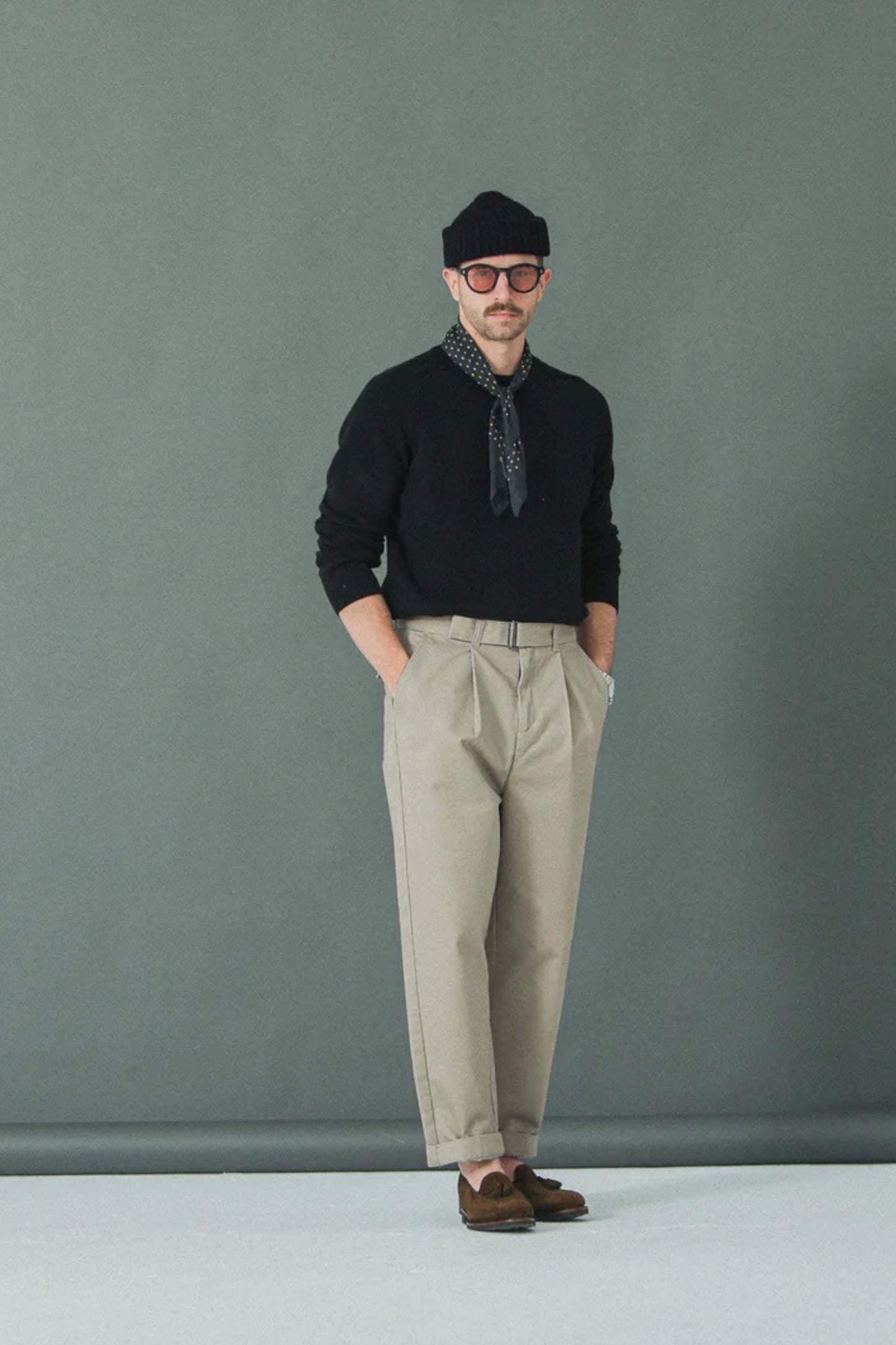 Chino Drapeau Noir Beige - Pantalon Twill Coton Taille Haute