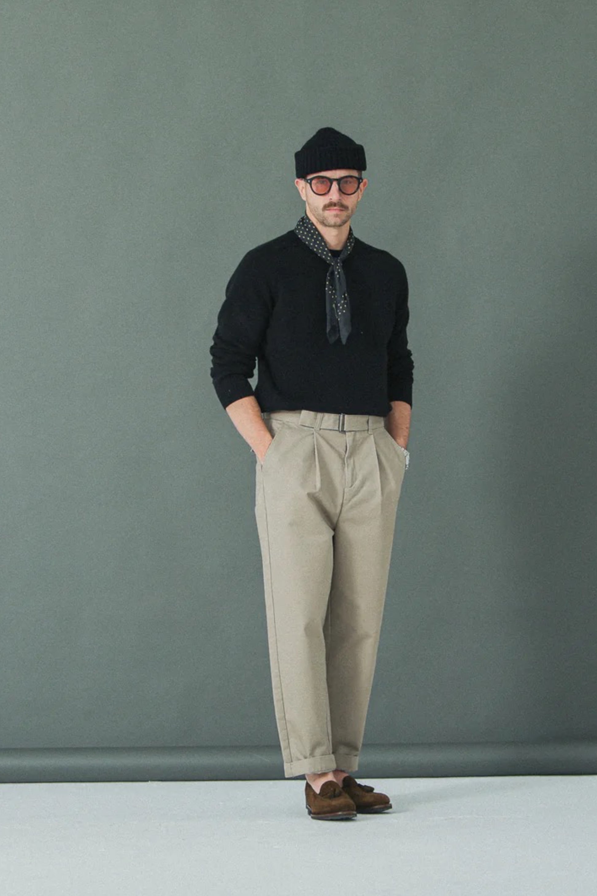 Chino Drapeau Noir Beige - Pantalon Twill Coton Taille Haute