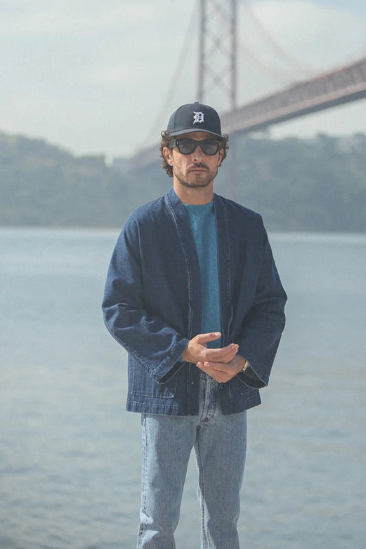 Kimono Drapeau Noir Stonewash - Veste Denim Japonais Noragi