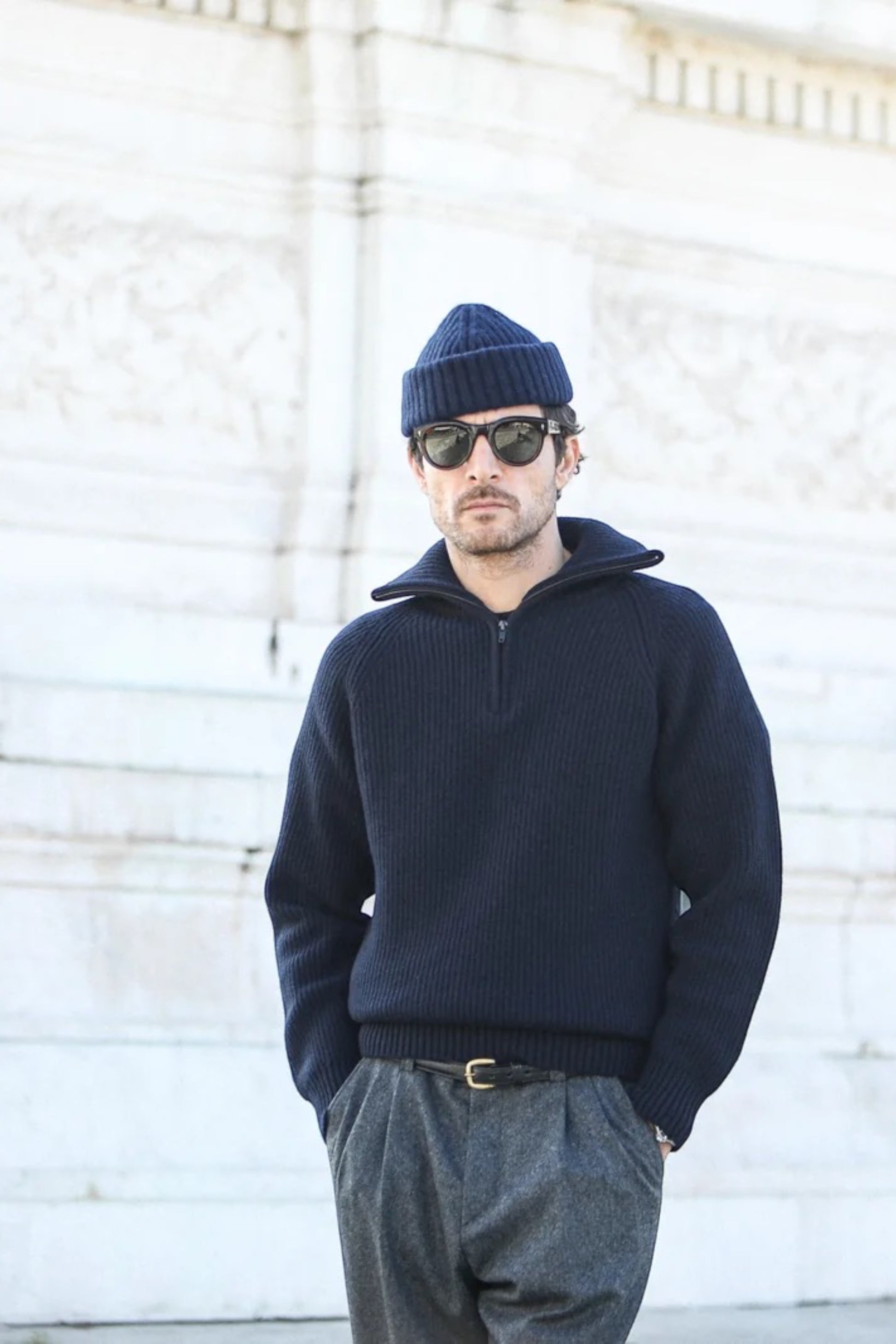 DRAPEAU NOIR Pull Trucker Lambswool Navy | Pull Laine Premium | Edgar Bdx