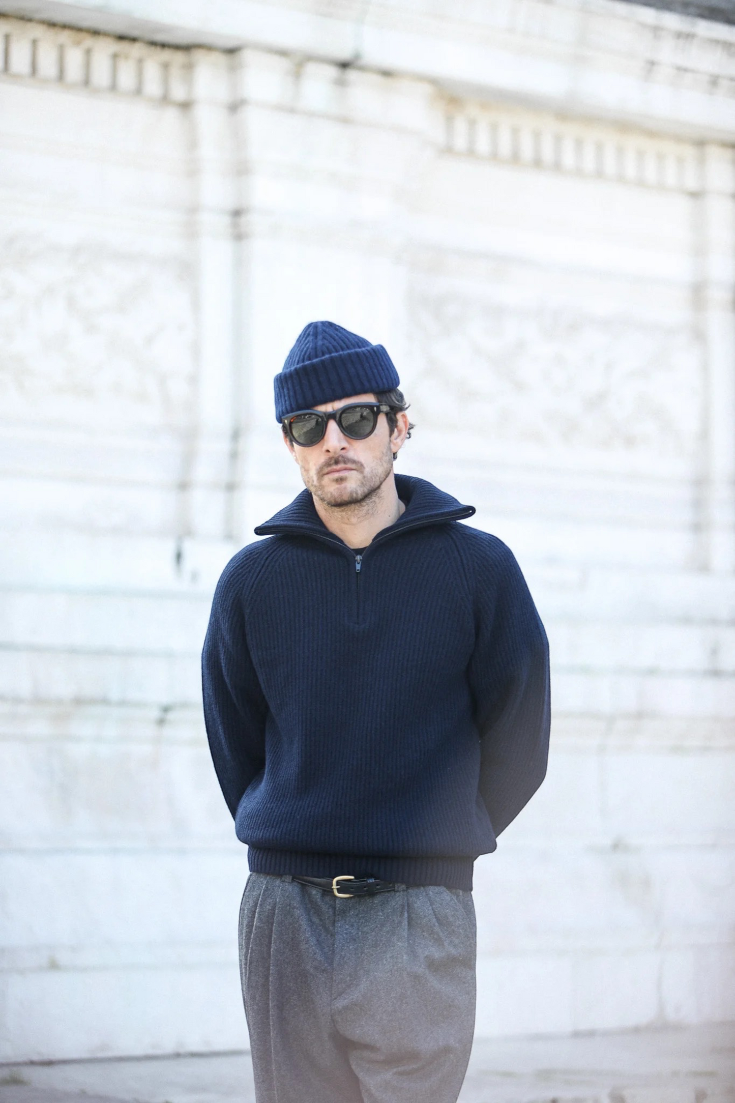 DRAPEAU NOIR Pull Trucker Lambswool Navy | Pull Laine Premium | Edgar Bdx