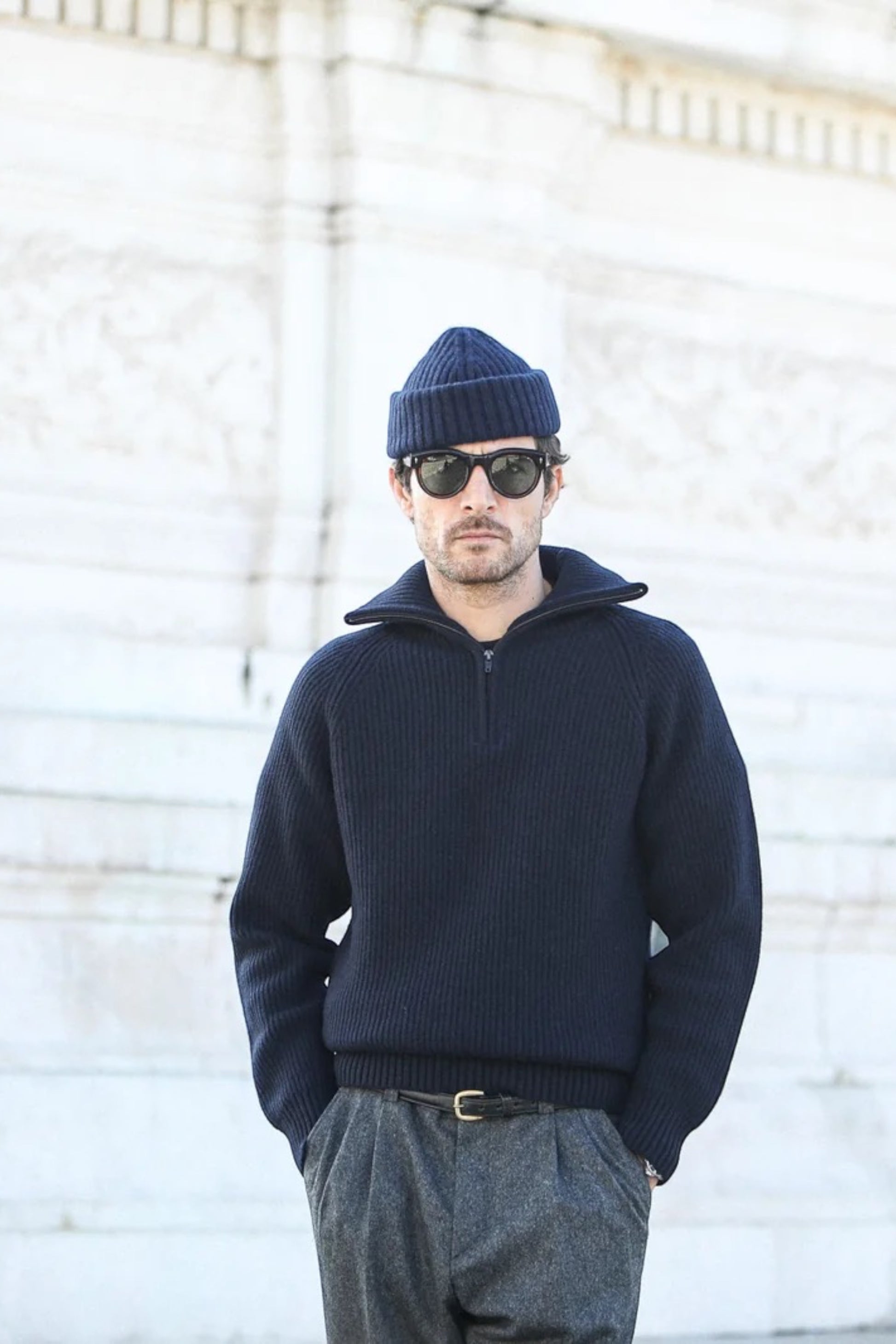 DRAPEAU NOIR Pull Trucker Lambswool Navy | Pull Laine Premium | Edgar Bdx