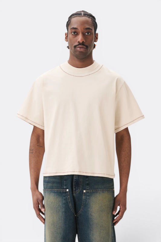 Estudio Niksen Hand-Embroidered Cropped Tee Beige | T-Shirt Brodé Main Corée | Edgar Bdx