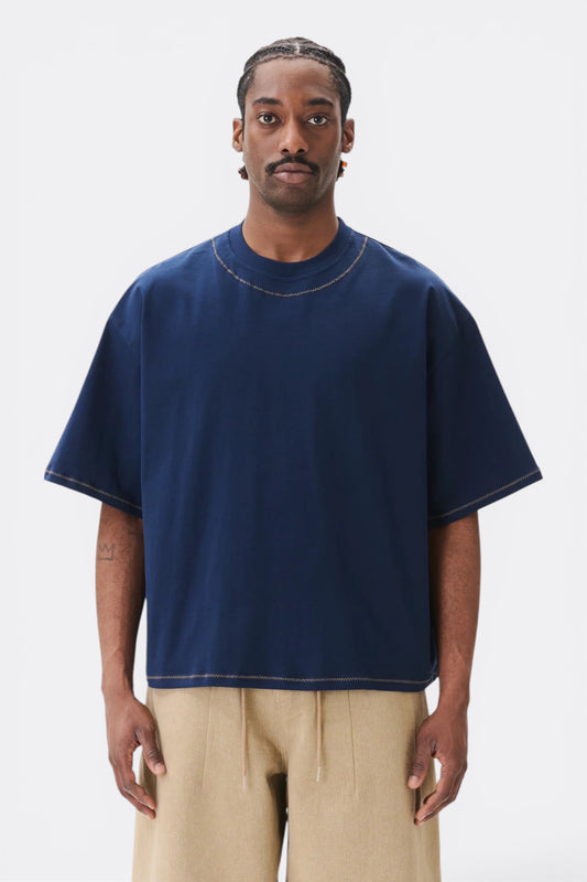 Estudio Niksen Hand-Embroidered Cropped Tee Navy | T-Shirt Brodé Main Corée | Edgar Bdx