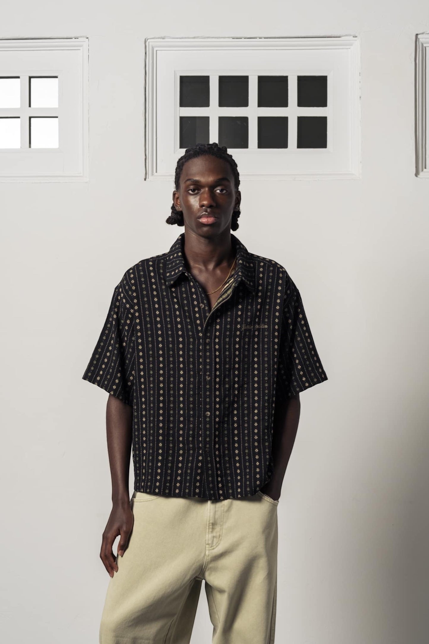 Goodies Sportive Boxy Thyme Shirt Black | Chemise Coton Jacquard