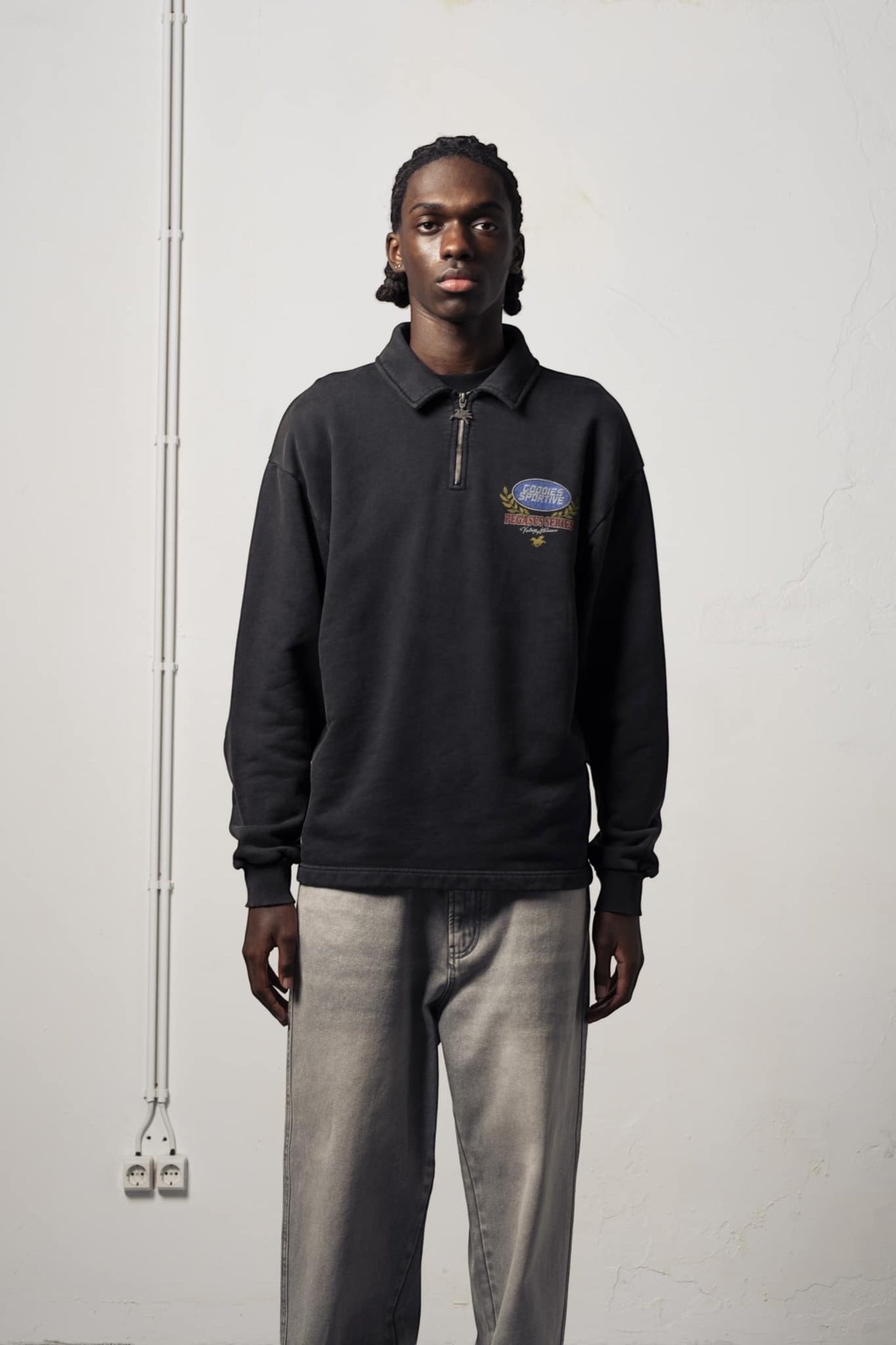 Goodies Sportive Premium Washed Fadeout Halfzipper Black | Sweat Coton Portugal