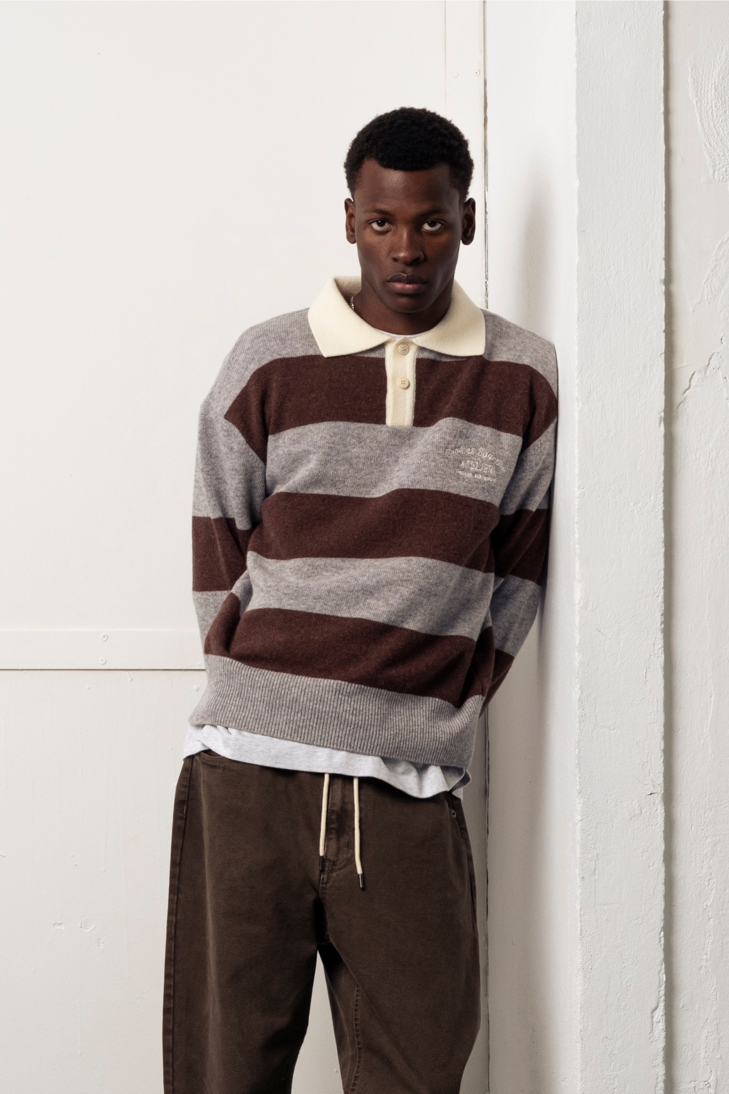 GOODIES SPORTIVE Shitake Polo Brown Grey | Polo Laine Rayures Horizontales | Edgar Bdx