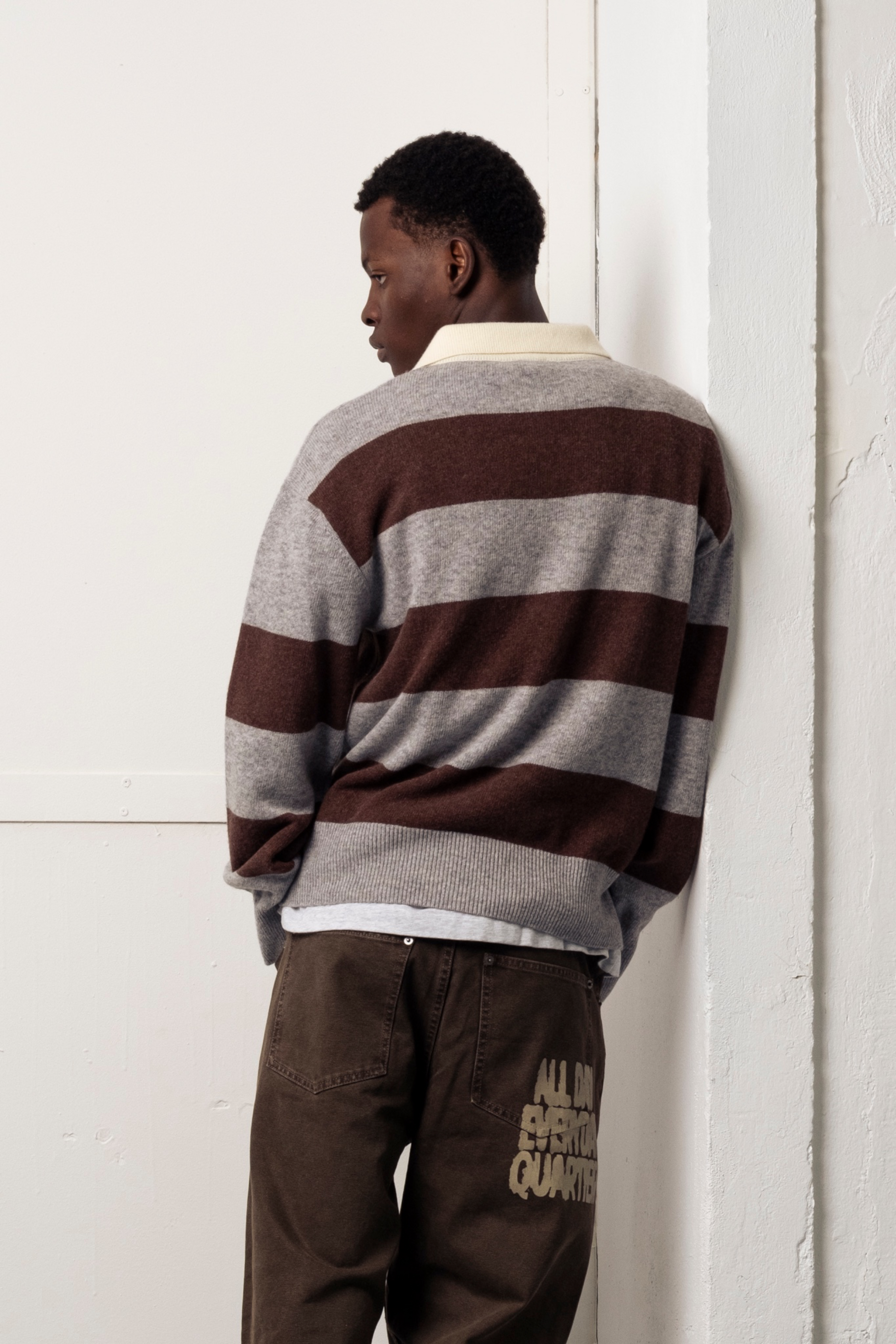 GOODIES SPORTIVE Shitake Polo Brown Grey | Polo Laine Rayures Horizontales | Edgar Bdx