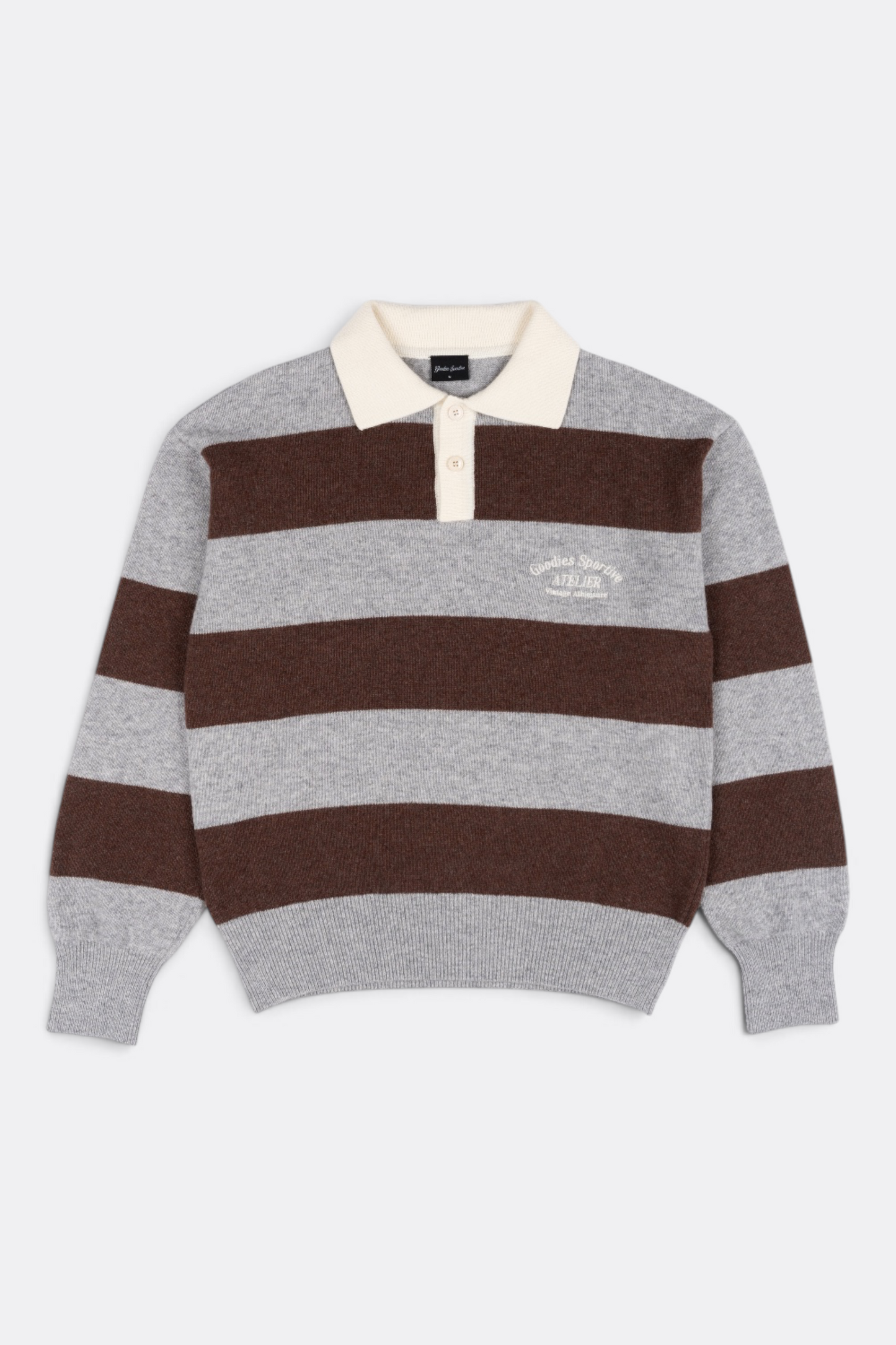 GOODIES SPORTIVE Shitake Polo Brown Grey | Polo Laine Rayures Horizontales | Edgar Bdx