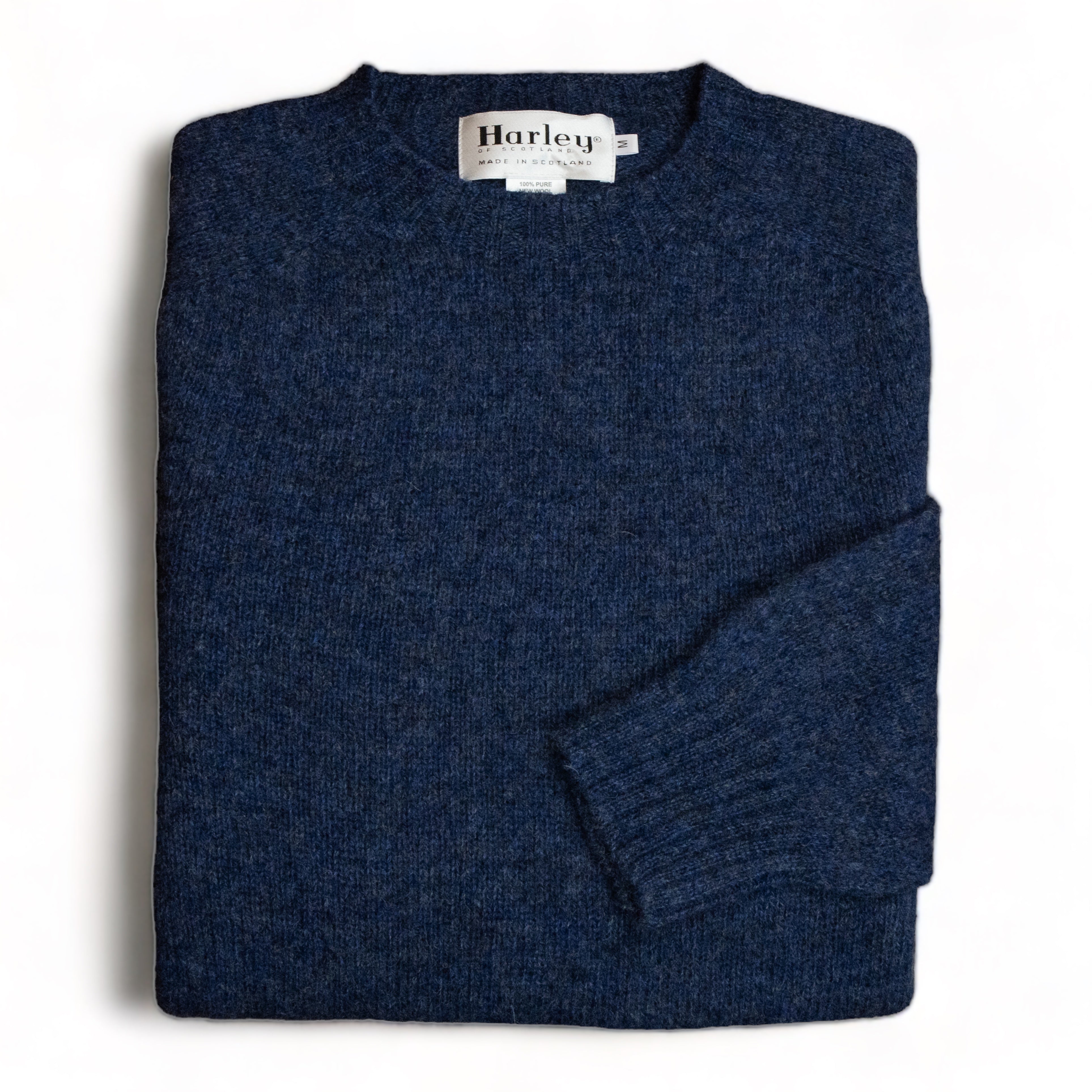 Harley Of Scotland - Pull Shetland Col Rond (Denim)