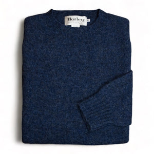 Harley Of Scotland - Pull Shetland Col Rond (Denim)