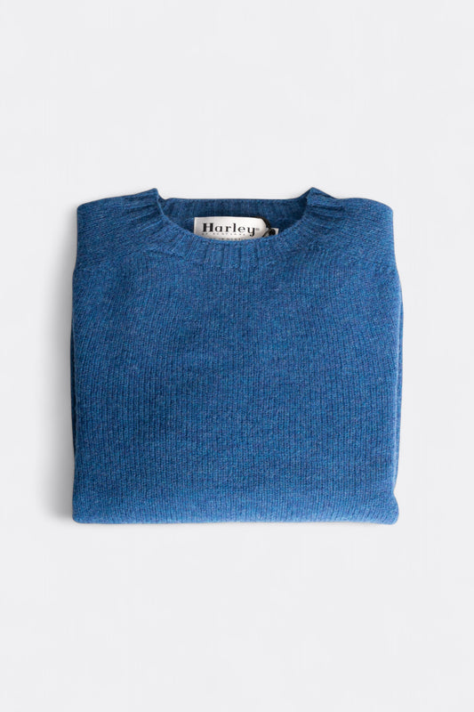 Harley of Scotland Pull Shetland Col Rond Saphire | Pull Laine Écosse | Edgar Bdx