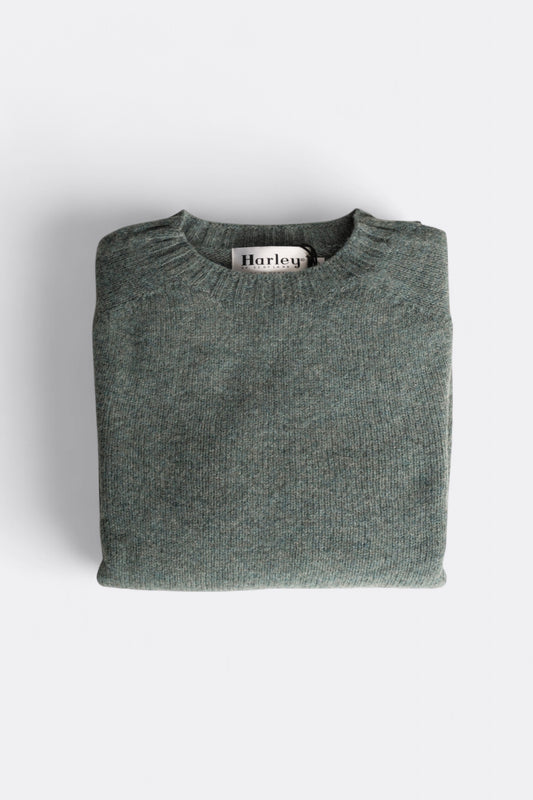 Harley of Scotland Pull Shetland Col Rond Verdigris | Pull Laine Écosse | Edgar Bdx