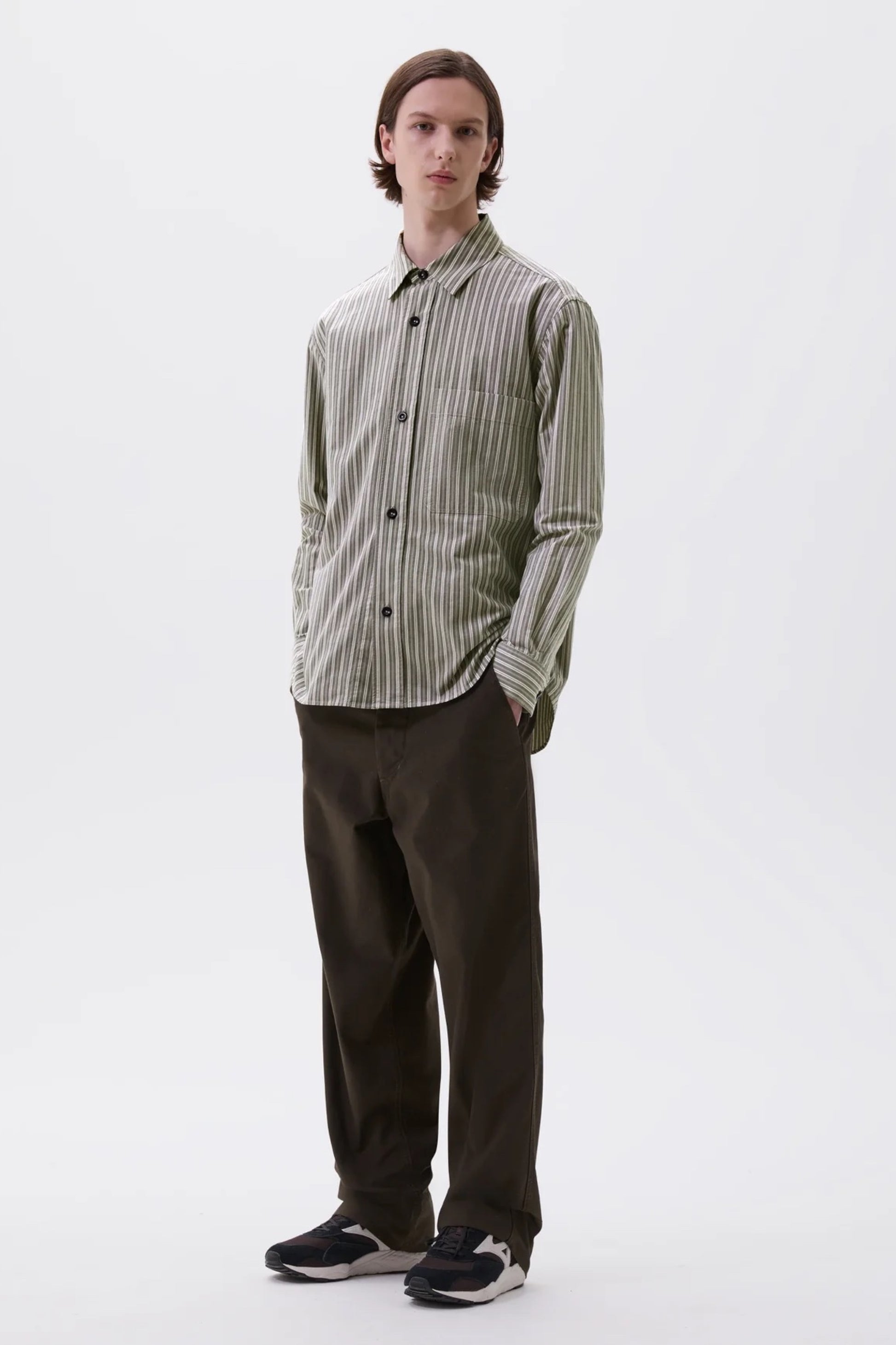 Margaret Howell - MHL. Basic Shirt Two Tone Cotton Stripe (Forest / Grey / Off White)