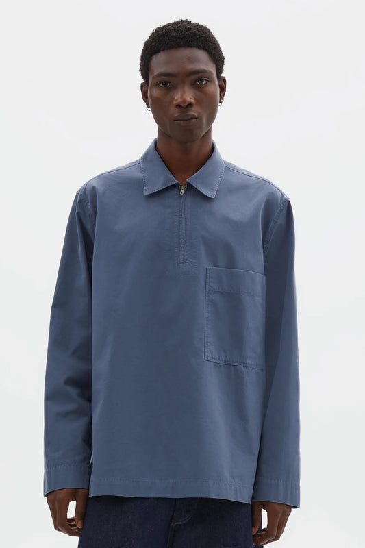 MHL. Margaret Howell Long Sleeve Half Zip Shirt Uniform Blue | Chemise Popeline | Edgar Bdx