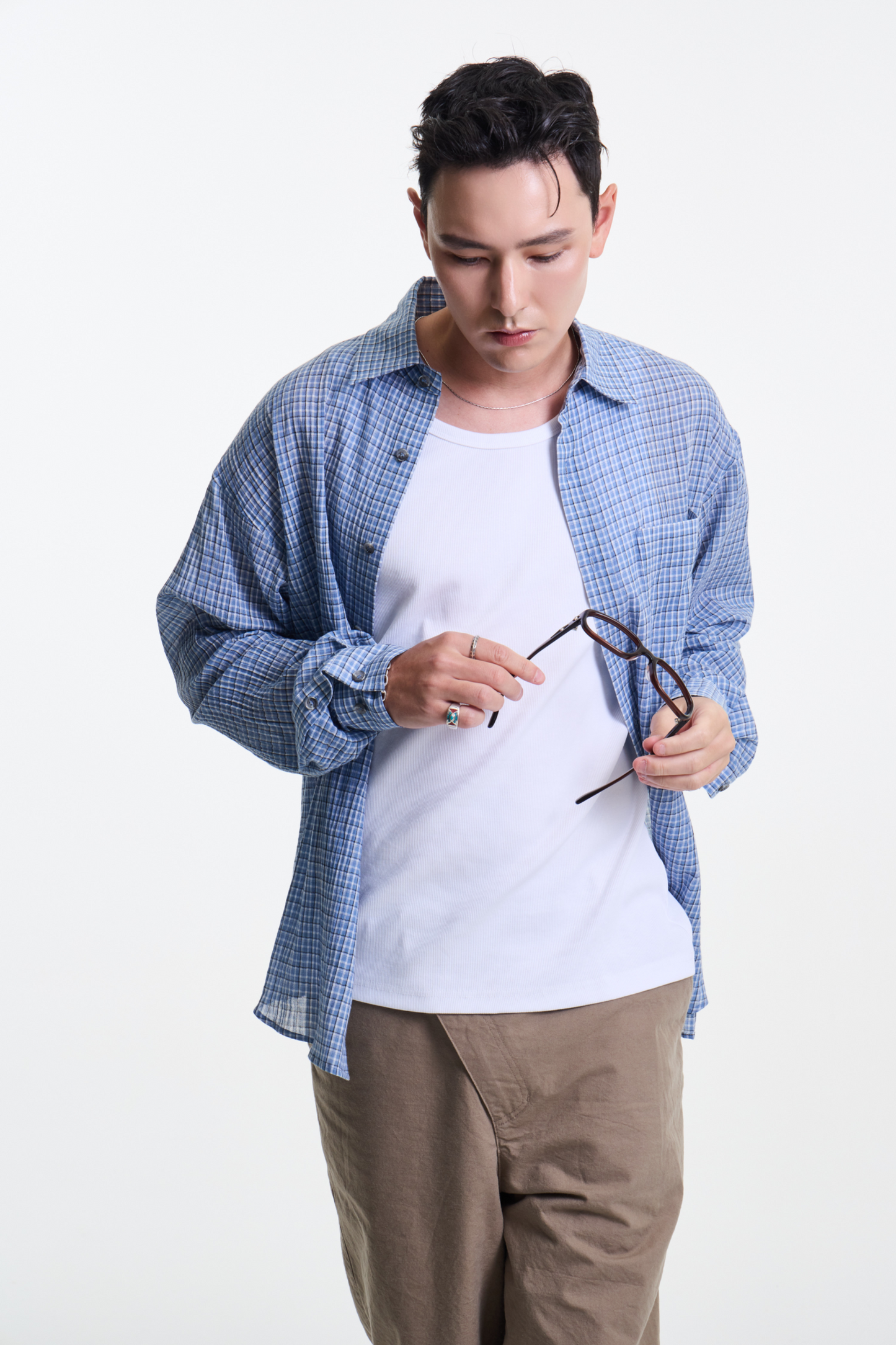Merely Made - Ronacheck Wrinkle Over Sized Shirts (Light Sky Blue)
