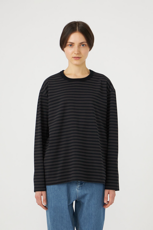 NANAMICA COOLMAX Stripe Jersey L/S Tee Charcoal | T-Shirt ML Rayé Coton Bio | Edgar Bdx