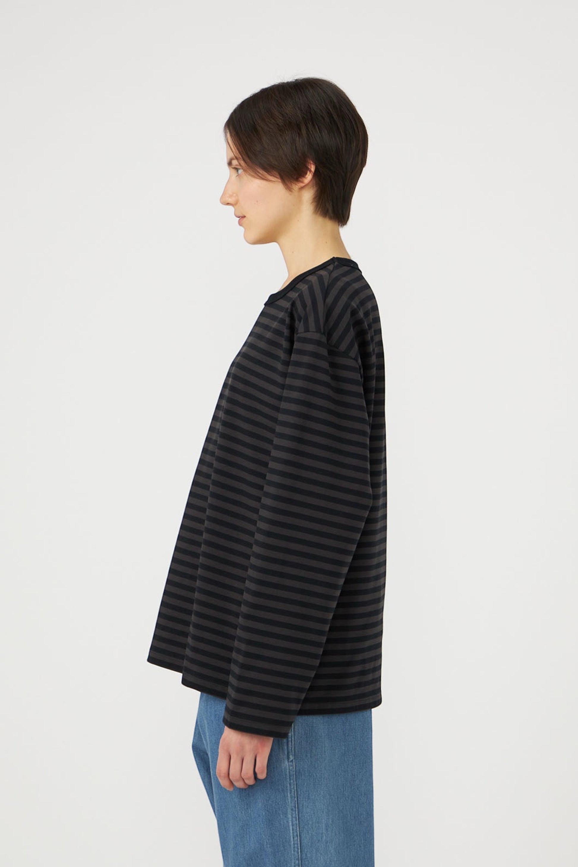 NANAMICA COOLMAX Stripe Jersey L/S Tee Charcoal | T-Shirt ML Rayé Coton Bio | Edgar Bdx