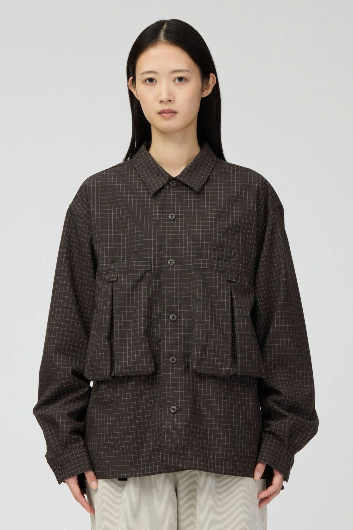 SNOW PEAK Wool Reflective Grid Shirt Dark Brown | Chemise | Edgar Bdx