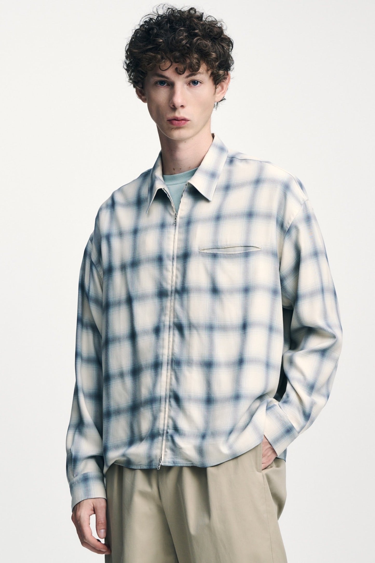 Sophnet Drape Zip-Up Shirt Off White Check | Chemise Rayon Japon | Edgar Bdx