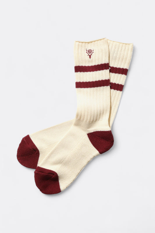 South2 West8 - Ribbed Socks - Line / Skull & Target (Natural / Burgundy)