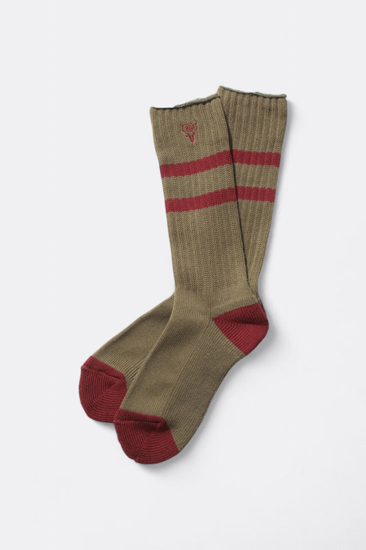South2 West8 - Ribbed Socks - Line / Skull & Target (Olive)