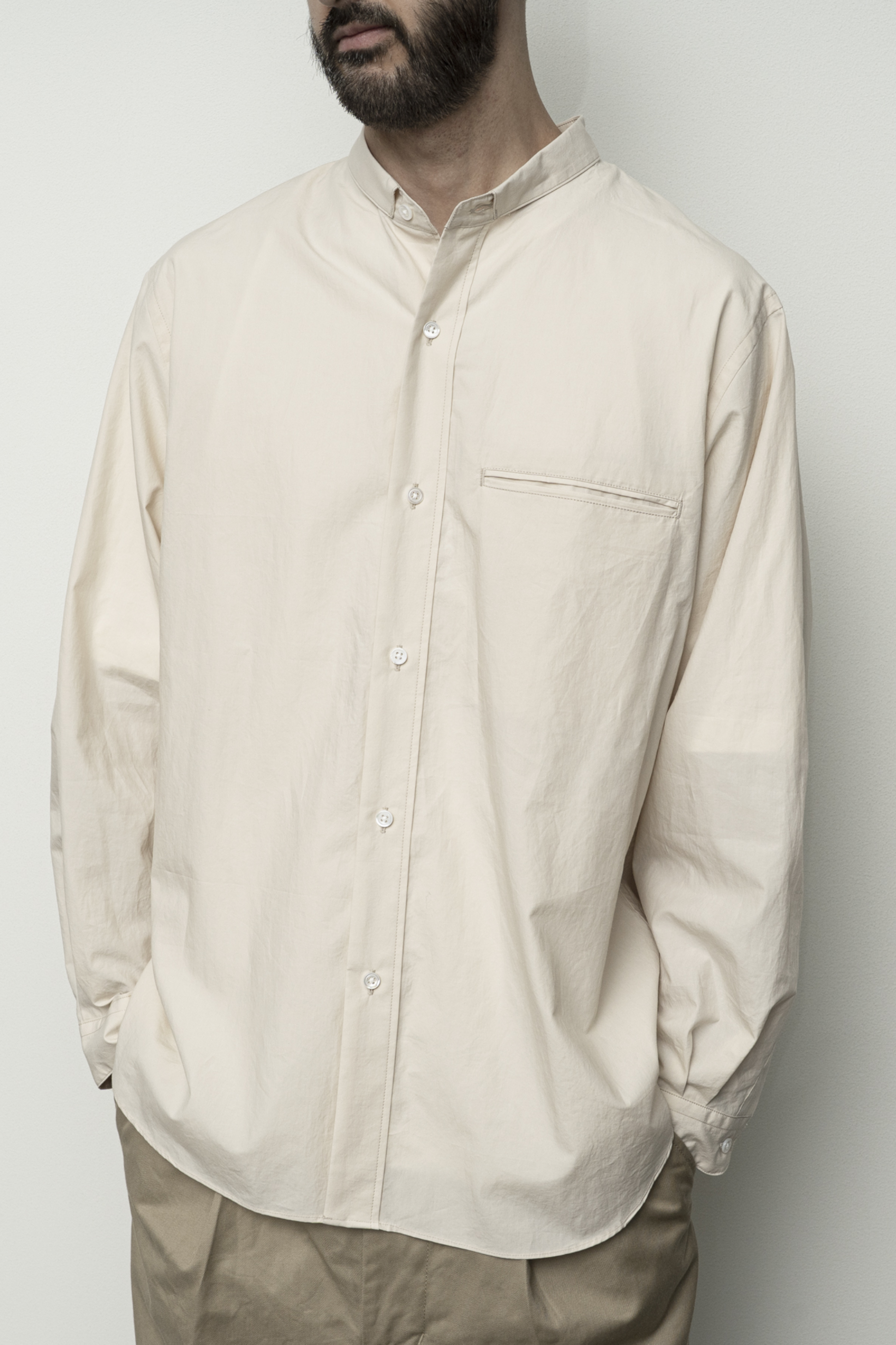 Chemise Lin Coton Blue Grey Still By Hand - Col Étroit Japonais Premium