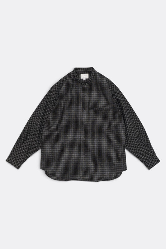 STILL BY HAND Silk Nep Band Collar Shirt Black Check | Chemise Soie Coton Japonais | Edgar Bdx