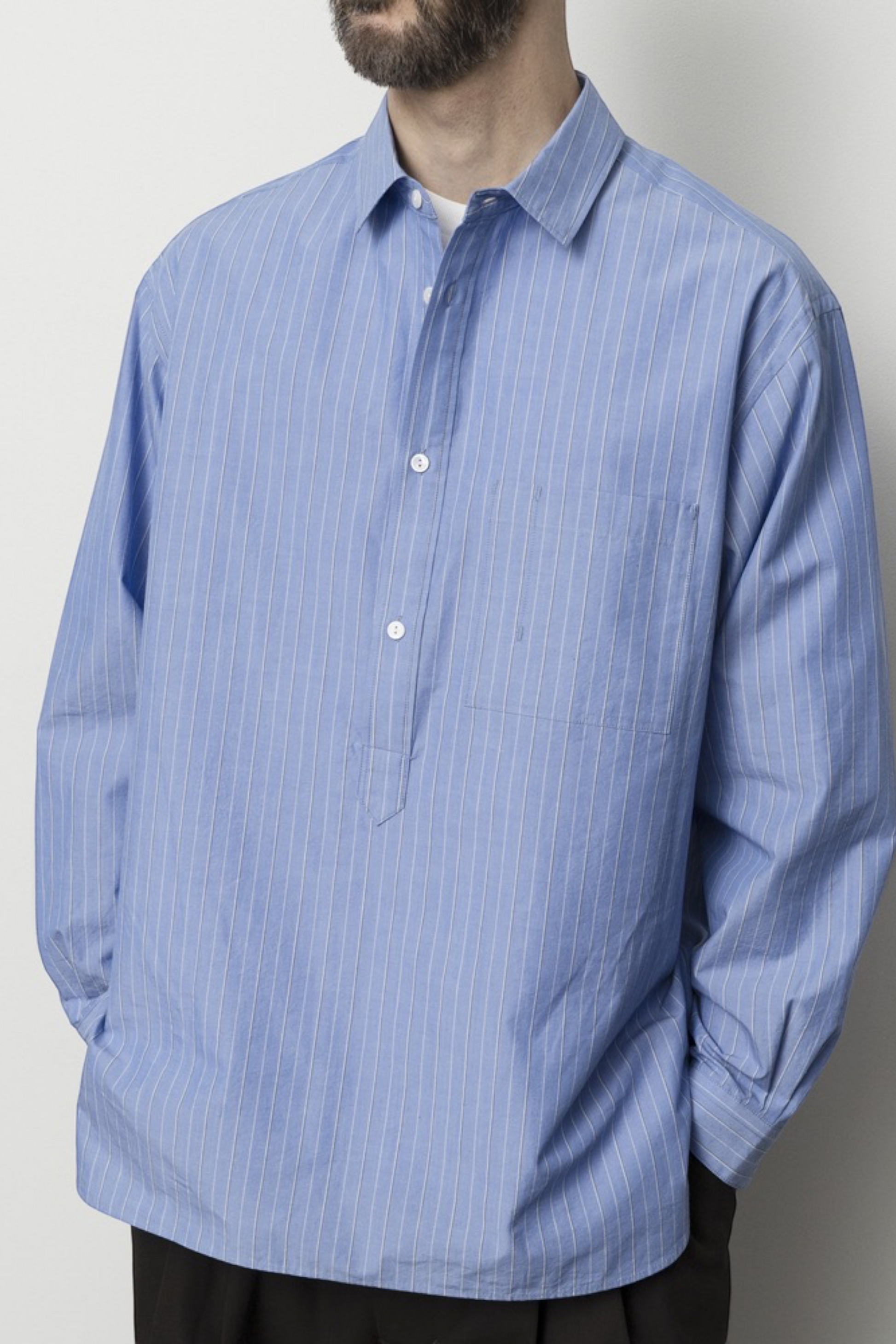 STILL BY HAND Striped Pullover Shirt Grey Stripe | Chemise Raye Coton Japonais | Edgar Bdx