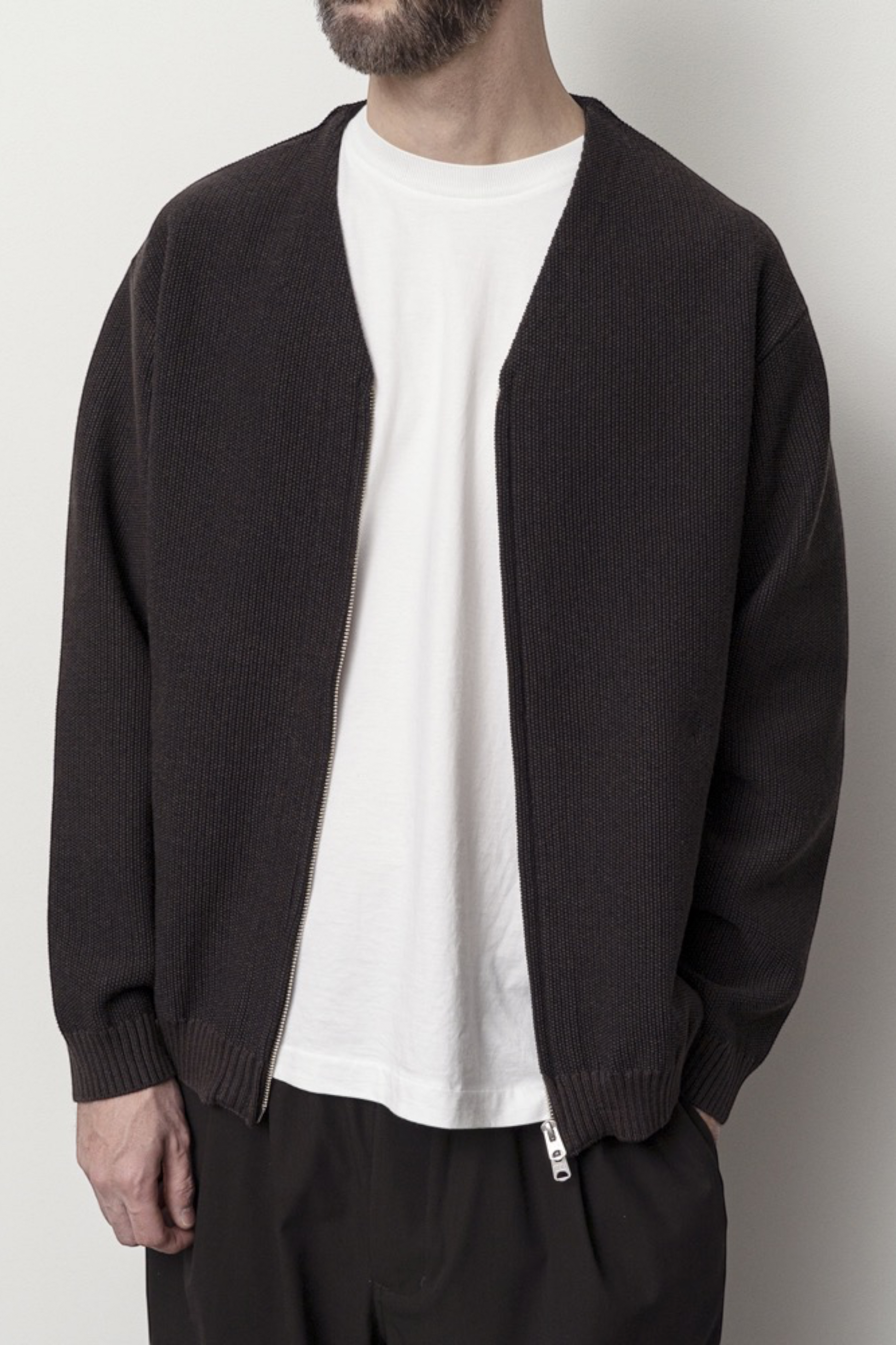 STILL BY HAND Zip Up Cardigan Brown Charcoal | Cardigan Maille Japonais | Edgar Bdx